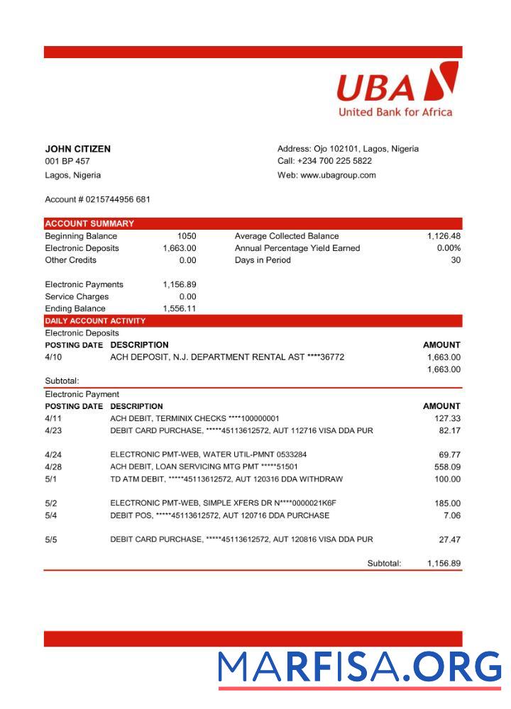 Realistic Nigeria UBA bank statement excel real example